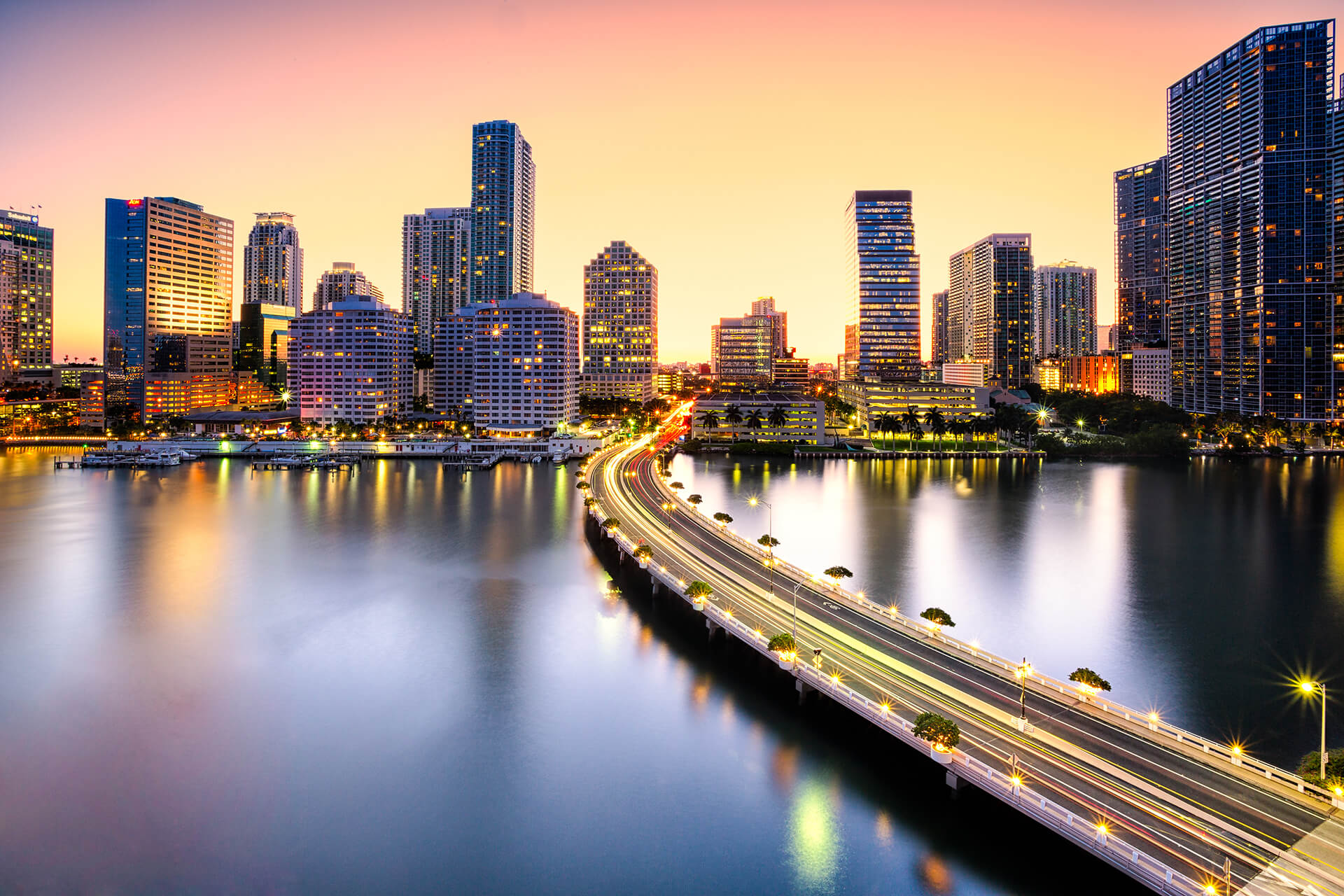 Miami Boardwalk to City at Night
